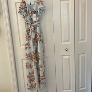 J.O.A. Maxi dress light blue w/peach flowers adjustable shoulder straps